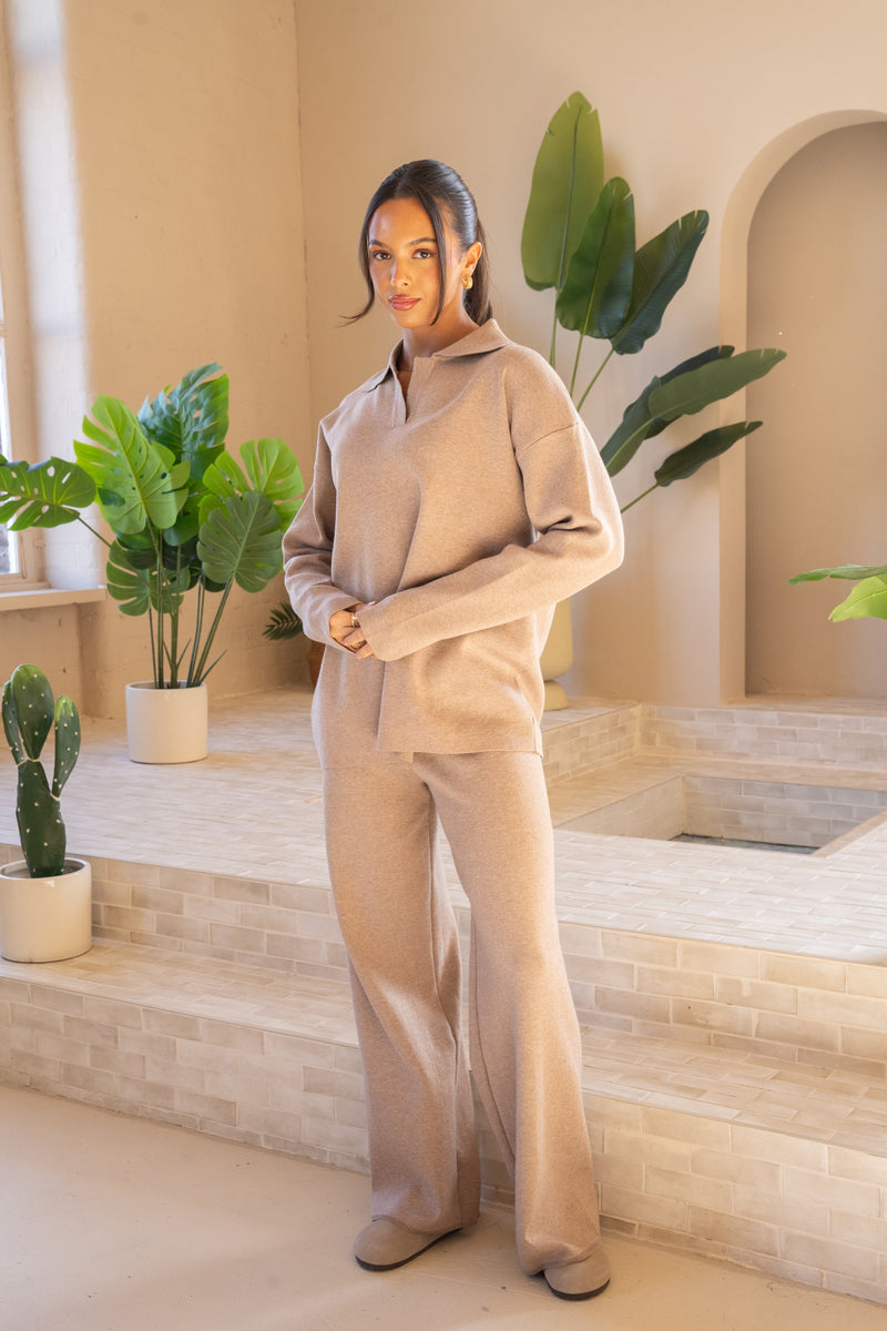Premium Blend Open Neck Polo Full Set - Beige