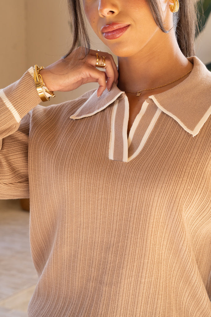 Contrast Trim Open Neck Full Set -  Light Brown