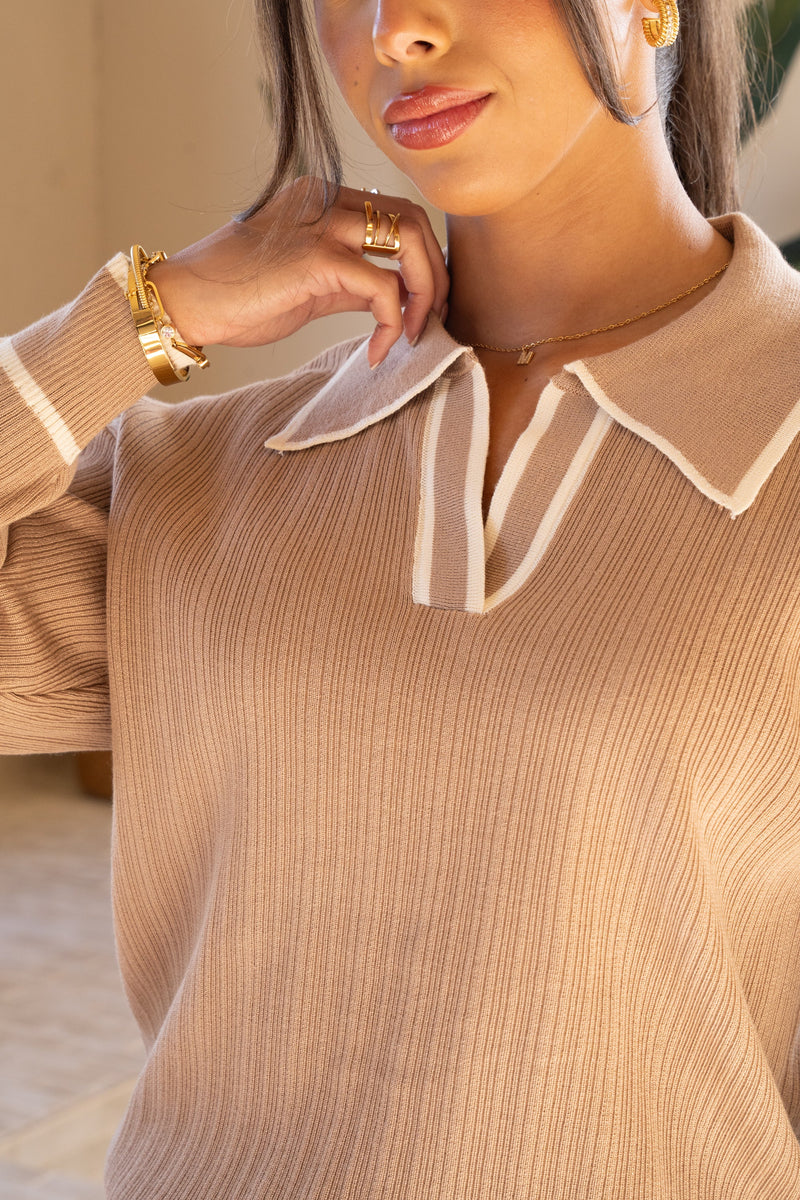 Contrast Trim Open Neck Full Set -  Light Brown