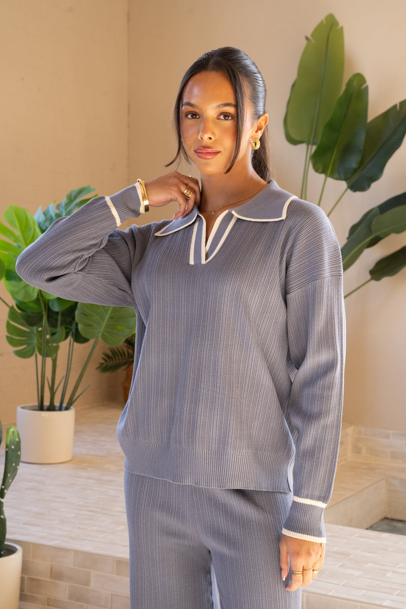 Contrast Trim Open Neck Full Set - Soft Blue