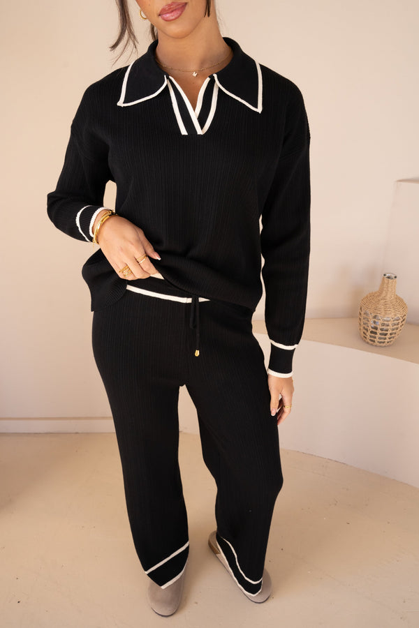 Contrast Trim Open Neck Full Set - Black