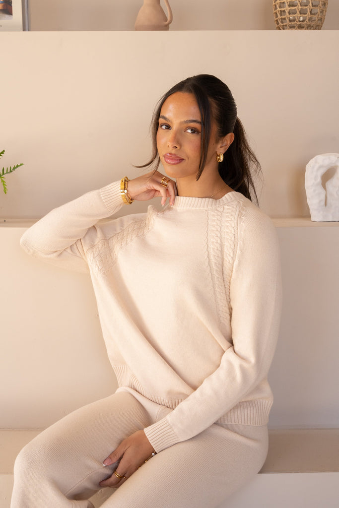 Cable Knit Panel Ribbed Neck Full Set - Beige