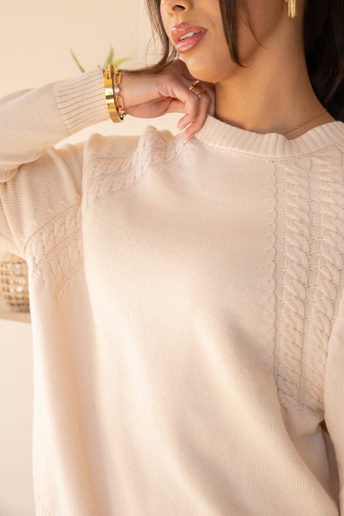 Cable Knit Panel Ribbed Neck Full Set - Beige