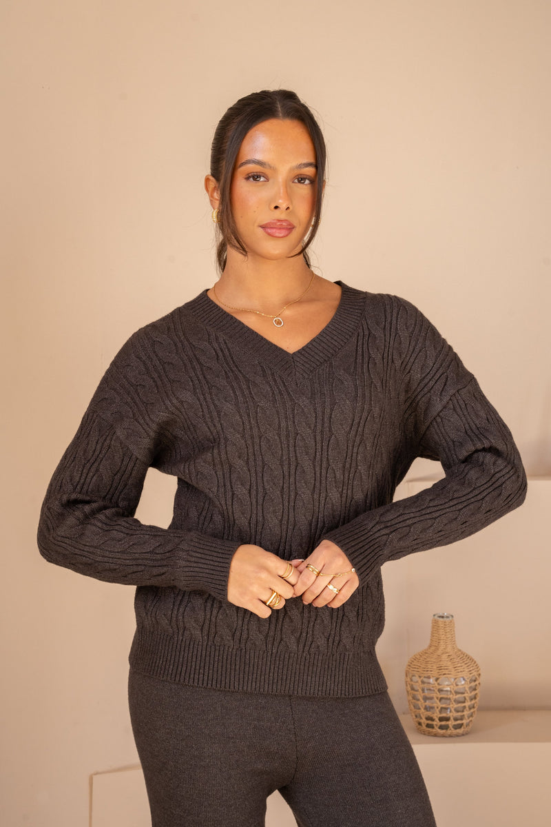 V Neck Cable Knit Full Set - Charcoal