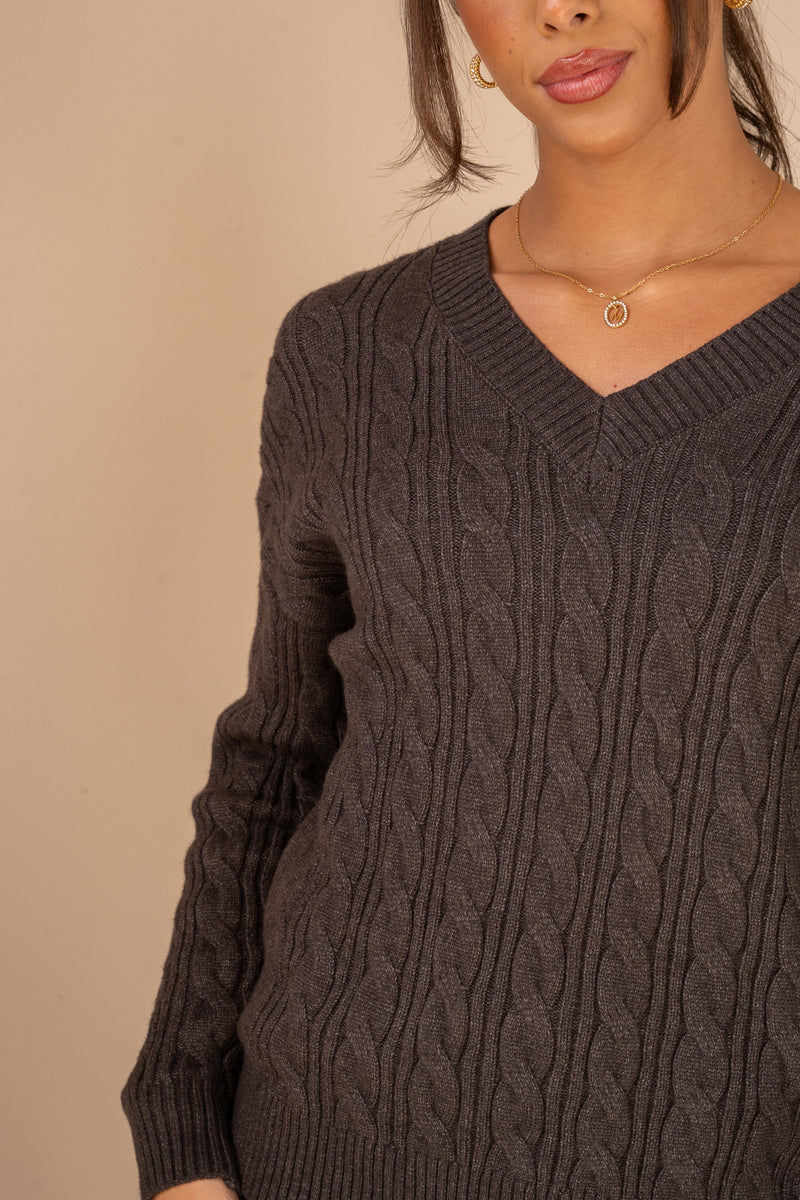 V Neck Cable Knit Full Set - Charcoal