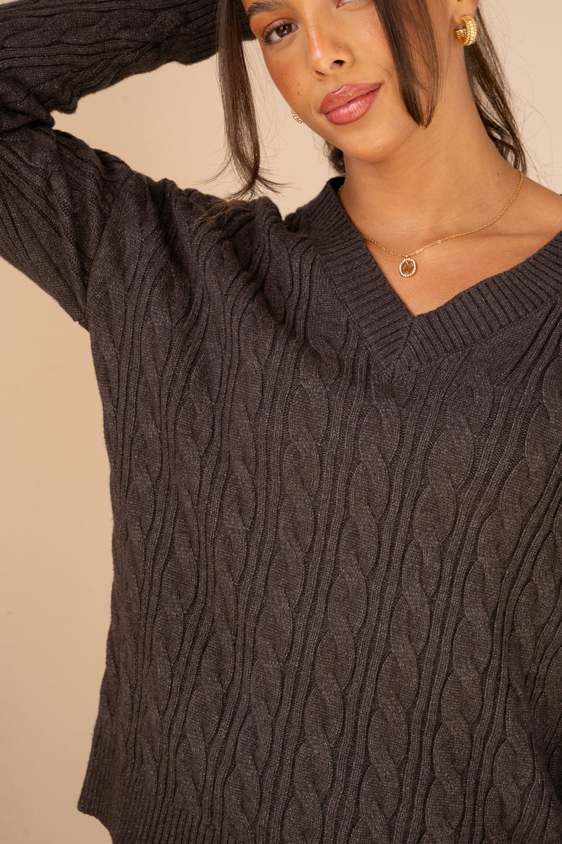 V Neck Cable Knit Full Set - Charcoal