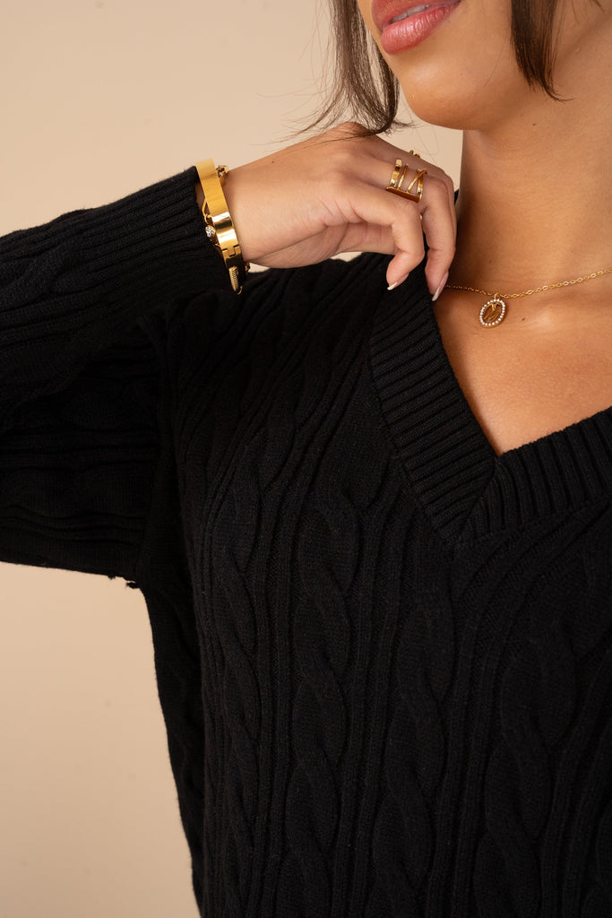 V Neck Cable Knit Full Set - Black