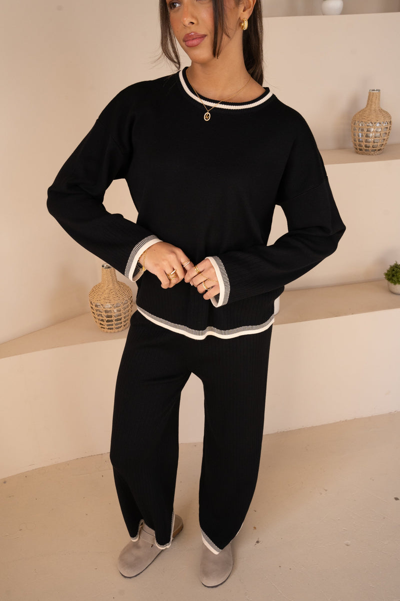 Knitted Contrast Hem Crew Neck Full Set - Black