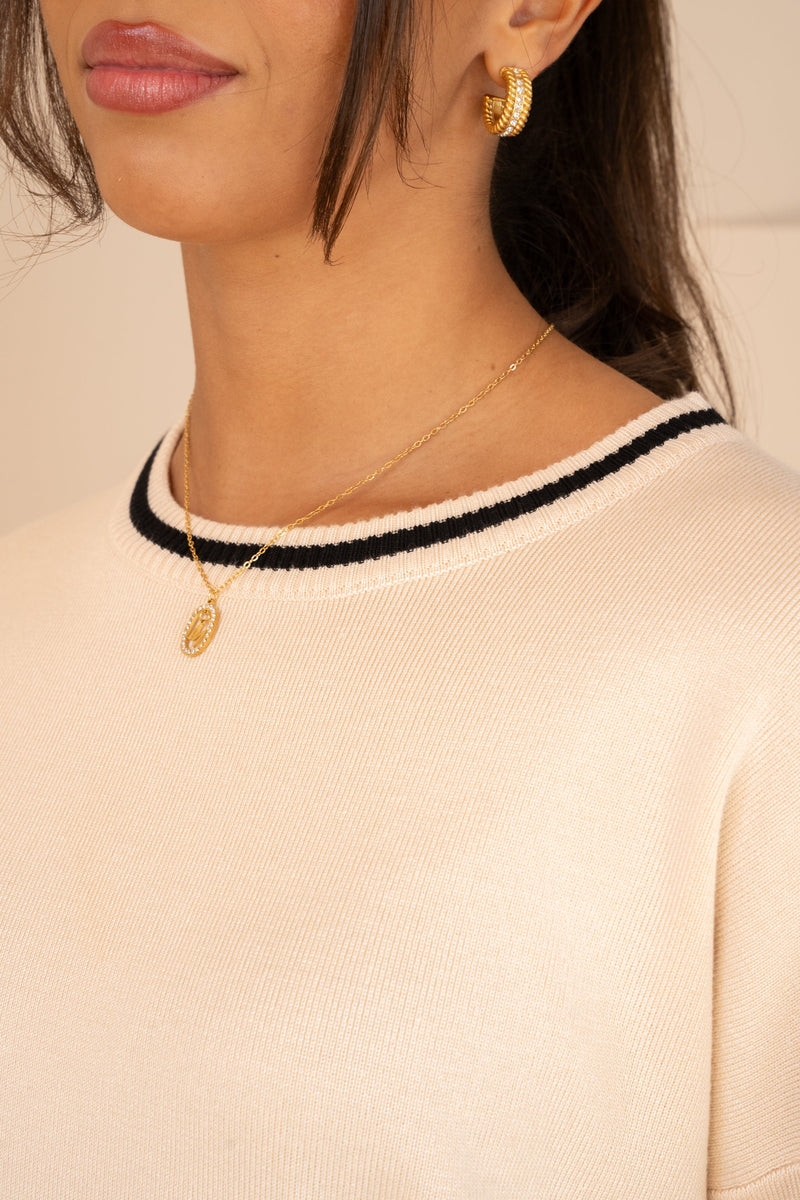 Knitted Contrast Hem Crew Neck Full Set - Cream