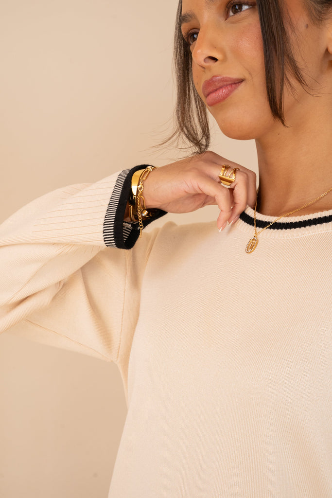 Knitted Contrast Hem Crew Neck Full Set - Cream