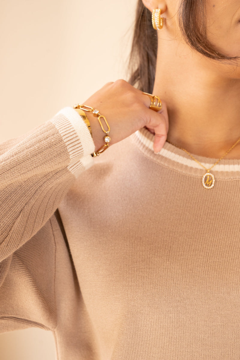 Knitted Contrast Hem Crew Neck Full Set - Light Brown