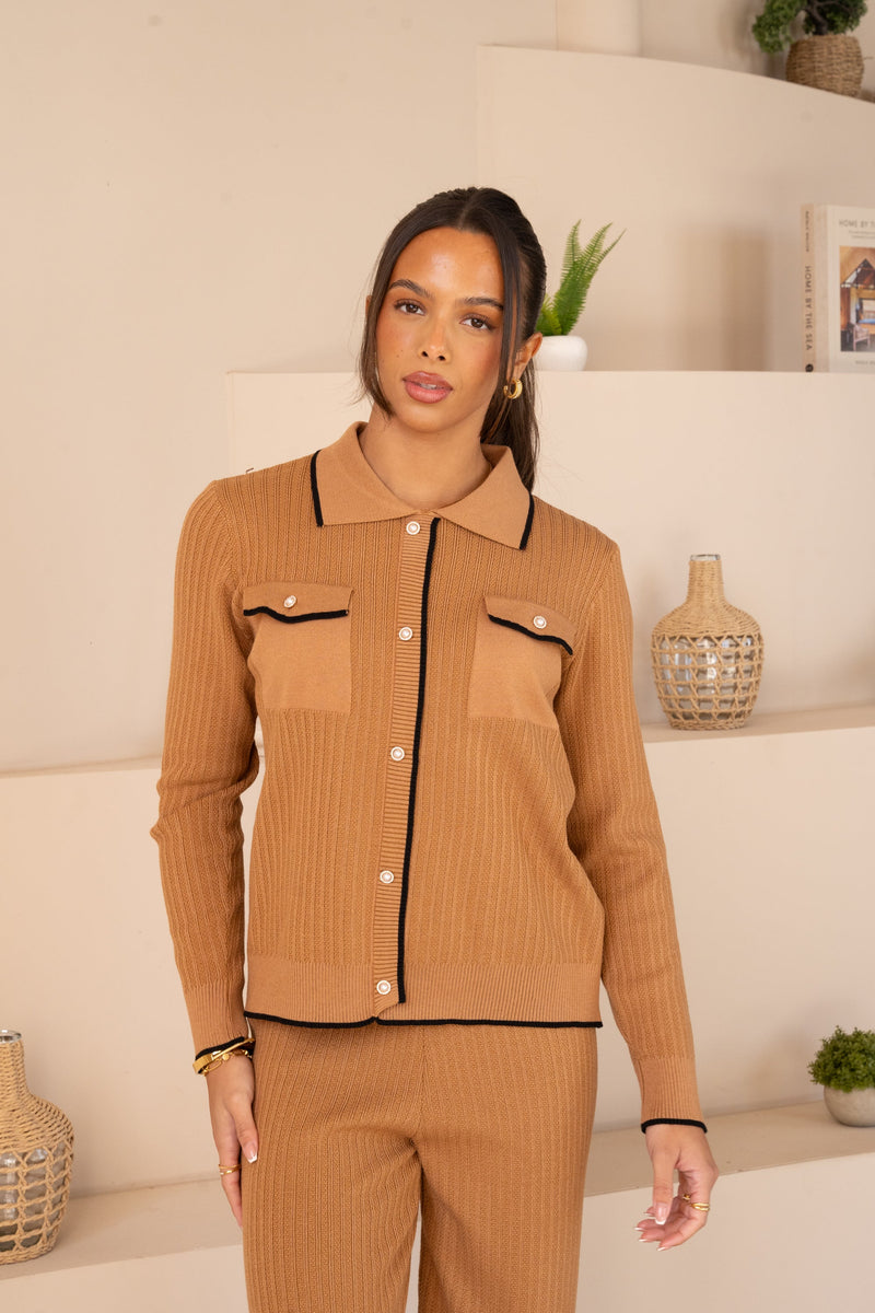 Imperial Contrast Faux Button Up Full Set  - Camel
