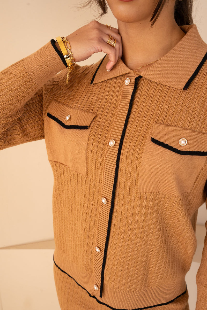 Imperial Contrast Faux Button Up Full Set  - Camel
