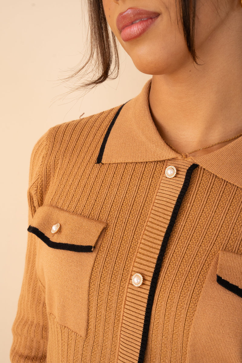 Imperial Contrast Faux Button Up Full Set  - Camel