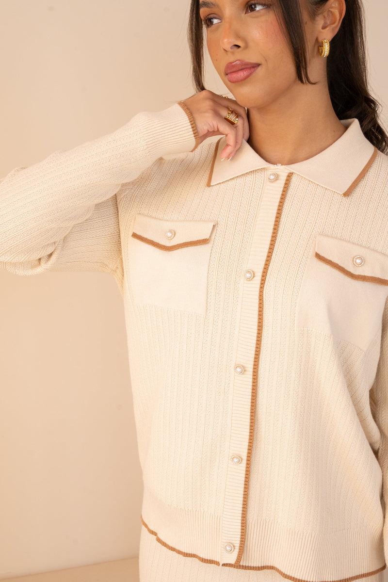 Imperial Contrast Faux Button Up Full Set - Beige