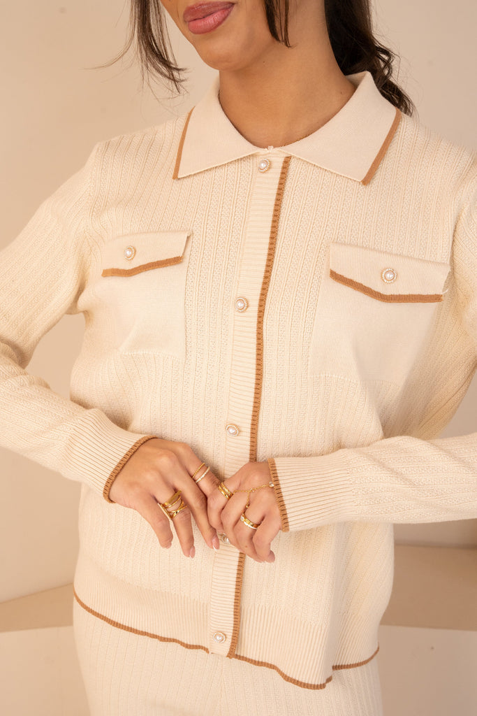 Imperial Contrast Faux Button Up Full Set - Beige