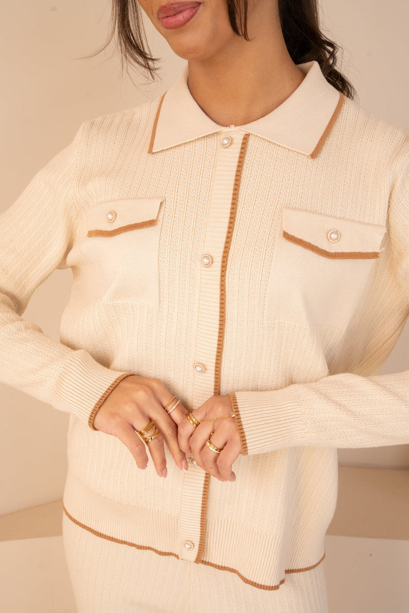 Imperial Contrast Faux Button Up Full Set - Beige