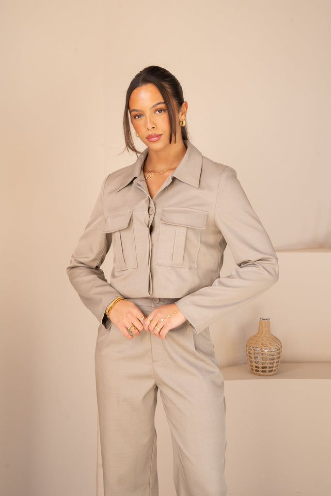 Cropped Cargo Button Up Blazer Full Set - Vintage Khaki
