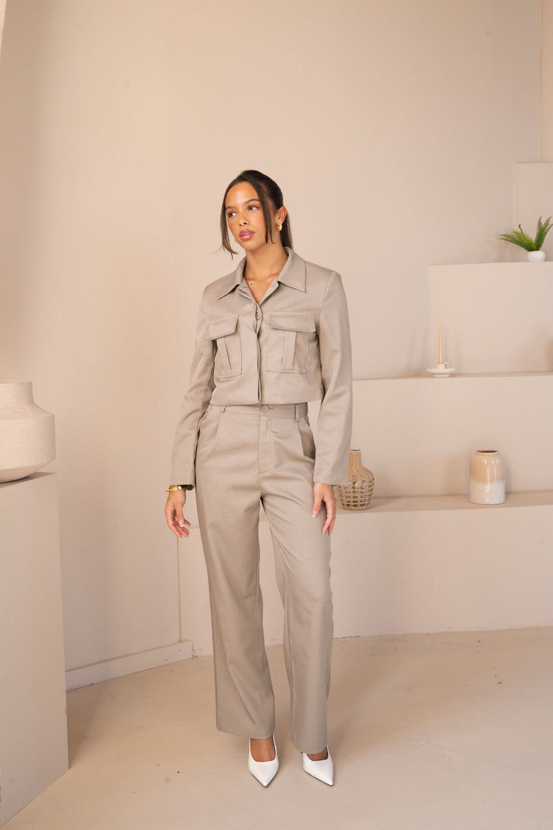 Cropped Cargo Button Up Blazer Full Set - Vintage Khaki