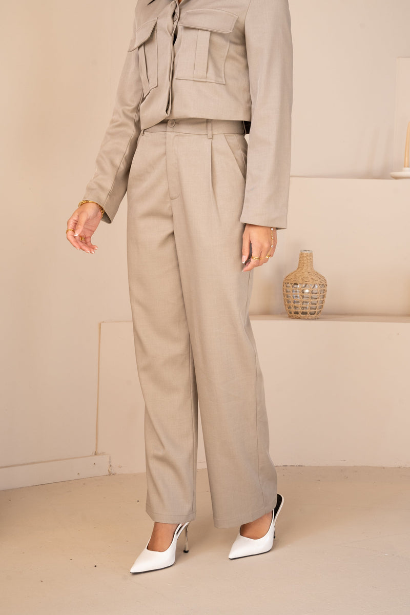 Cropped Cargo Button Up Blazer Full Set - Vintage Khaki