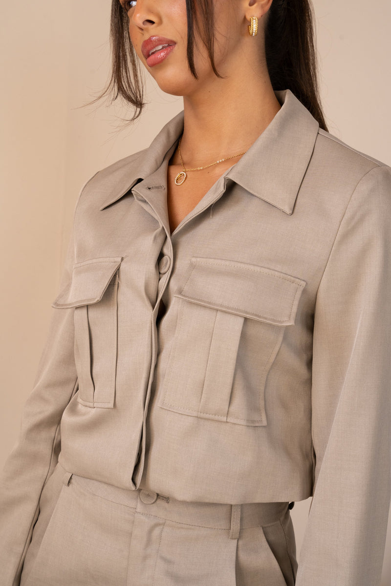 Cropped Cargo Button Up Blazer Full Set - Vintage Khaki