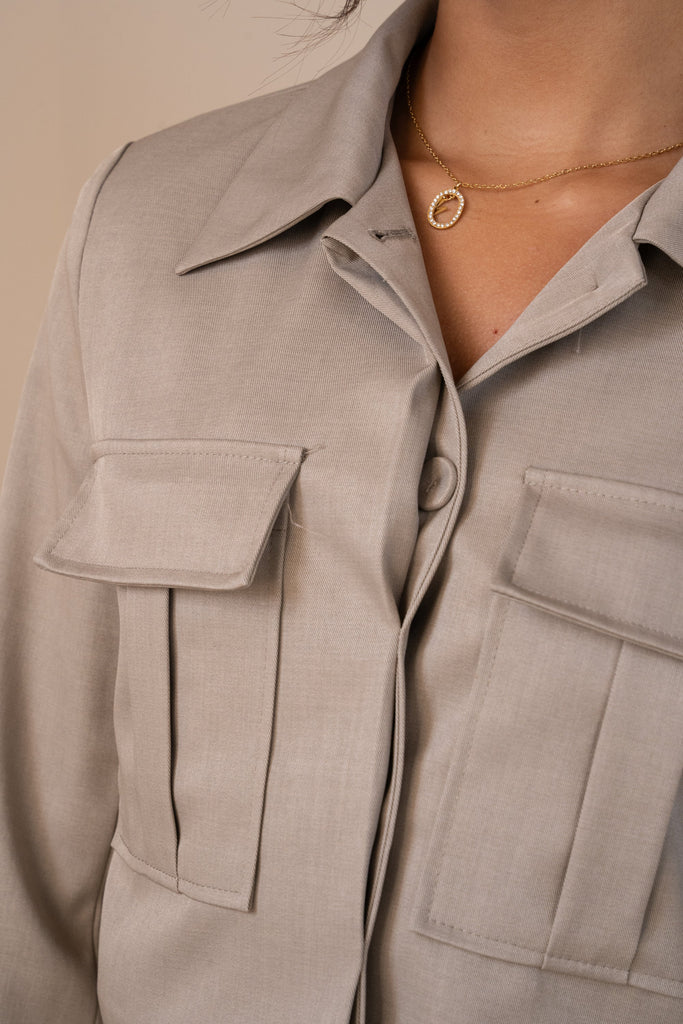 Cropped Cargo Button Up Blazer Full Set - Vintage Khaki