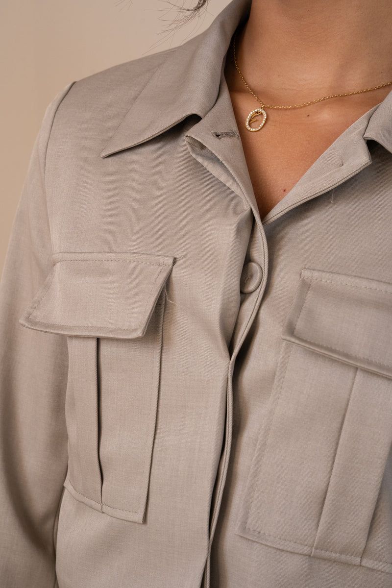 Cropped Cargo Button Up Blazer Full Set - Vintage Khaki