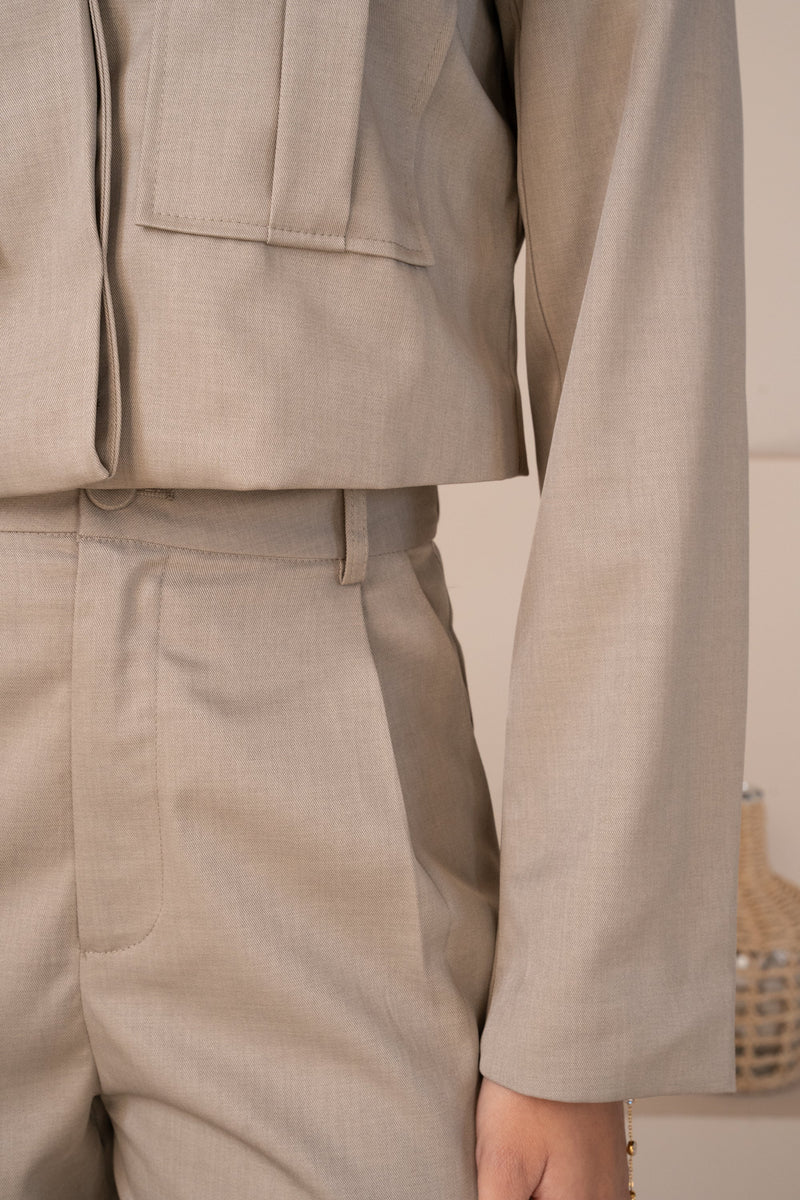Cropped Cargo Button Up Blazer Full Set - Vintage Khaki
