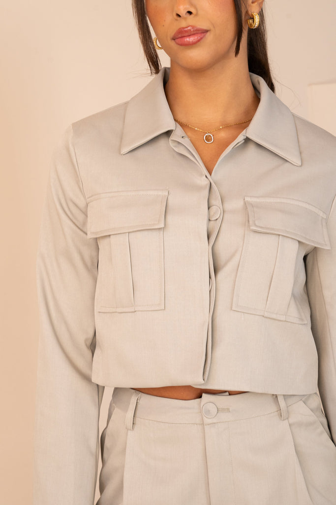 Cropped Cargo Button Up Blazer Full Set - Soft Olive