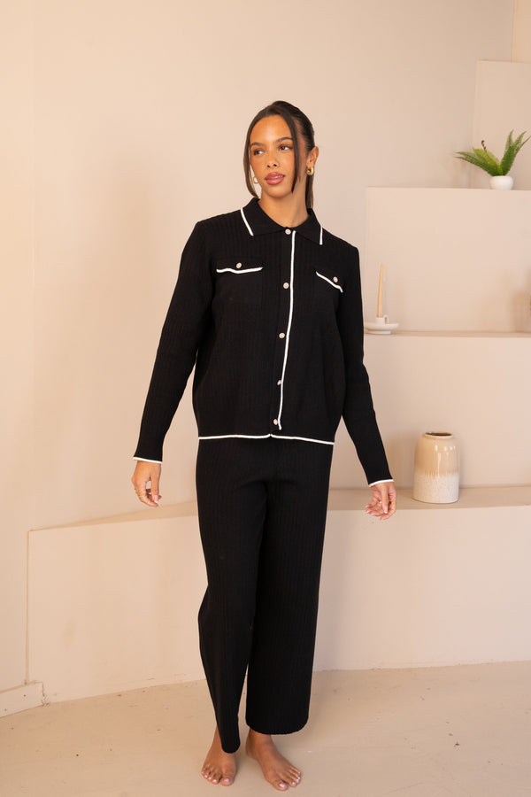 Imperial Contrast Faux Button Up Full Set - Black