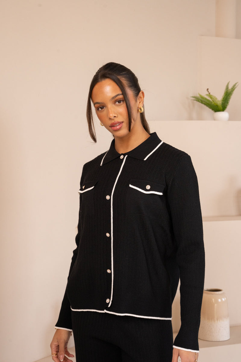 Imperial Contrast Faux Button Up Full Set - Black
