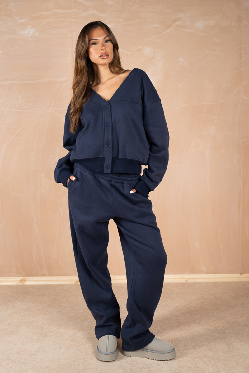 Relaxed Jersey V-Neck Cardigan - Navy